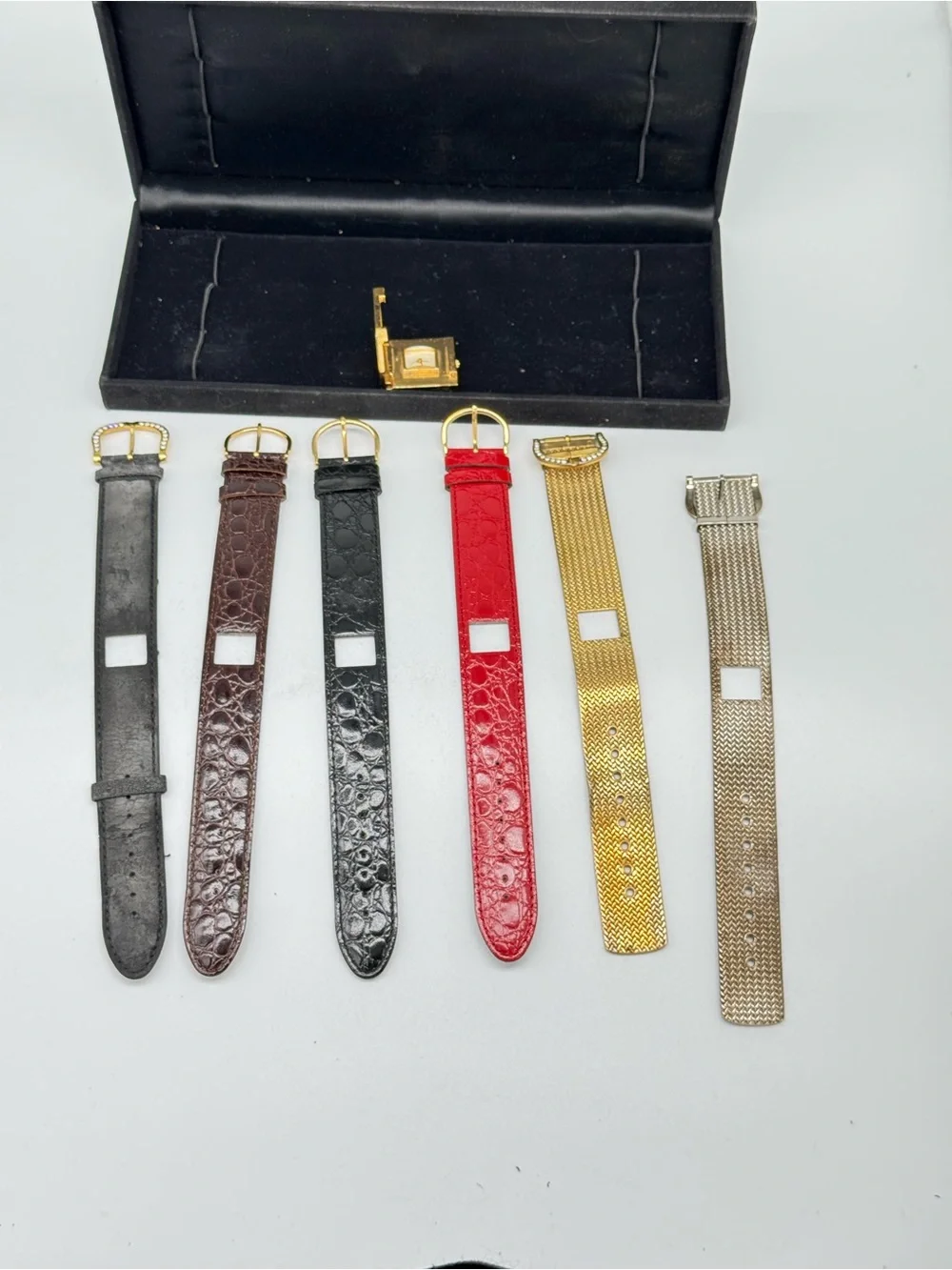 Vintage Interchangeable Watch Set 6 Bands, Crystal Square Face, Gold Tone Watch